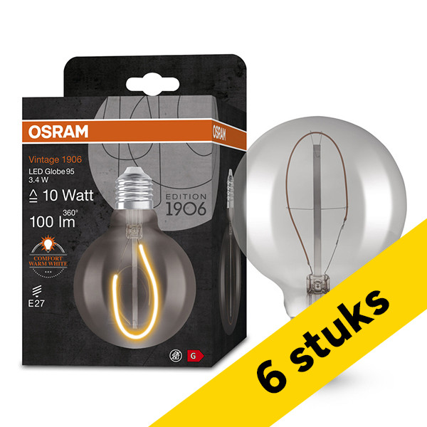 Aanbieding: 6x Osram LED lamp E27 | Vintage 1906 | Globe G95 | Filament | Smoke | 1800K | 3.4W (10W) LOS01462 - 1