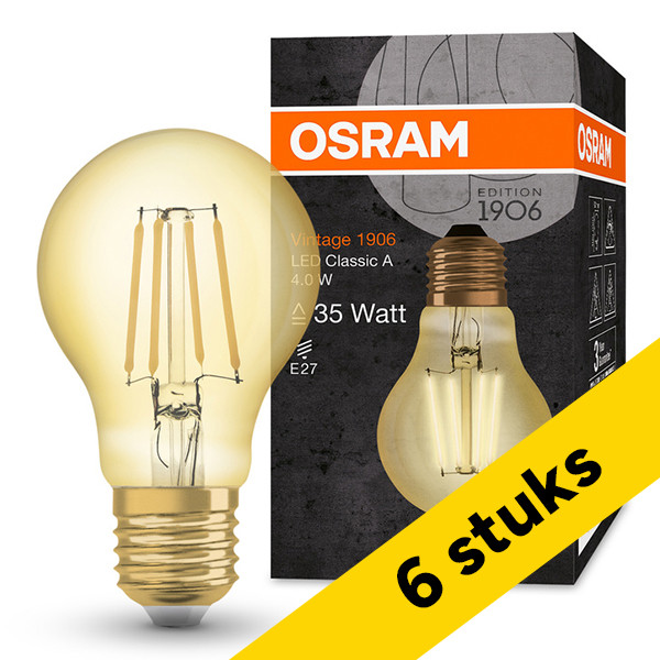 Aanbieding: 6x Osram LED lamp E27 | Vintage 1906 | Peer A60 | Filament | Goud | 2400K | 4W (35W) LOS01466 - 1