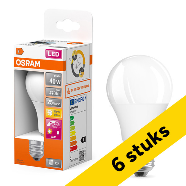 Aanbieding: 6x Osram LED lamp E27 met sensor | Dag/Nacht sensor | Peer A60 | Mat | 2700K | 4.9W (40W) LOS01668 - 1