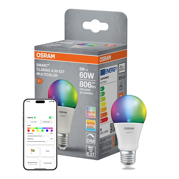 Osram Smart lamp E27 | Peer A60 | Mat | RGB + 2700-6500K | Matter over WiFi | 9W (60W) LOS02358 - 1