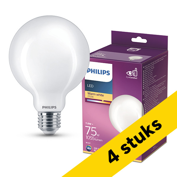 Aanbieding: 4x Philips LED lamp E27 | Globe G95 | Mat | 2700K | 7.8W (75W) LPH04268 - 1