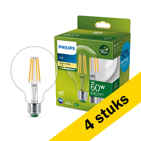 Aanbieding: 4x Philips LED lamp E27 | Globe G95 | Ultra Efficient | Filament | Helder | 2700K | 4W (60W) LPH03255 - 1