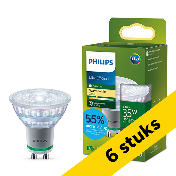 Aanbieding: 6x Philips GU10 LED spot | UltraEfficient | 2700K | 1.2W (35W) LPH04123 - 1