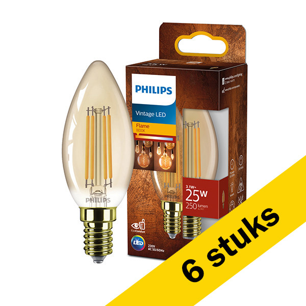 Aanbieding: 6x Philips LED lamp E14 | Kaars B35 | Filament | Goud | 1800K | 3.1W (25W) LPH03335 - 1