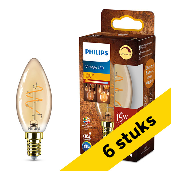 Aanbieding: 6x Philips LED lamp E14 | Kaars B35 | Filament | Goud | 1800K | Dimbaar | 2.7W (15W) LPH04111 - 1