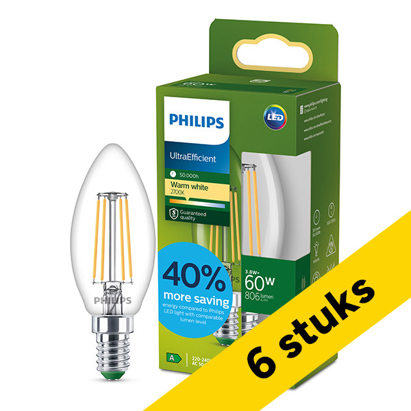 Aanbieding: 6x Philips LED lamp E14 | Kaars B35 | Ultra Efficient | Filament | Helder | 2700K | 3.8W (60W) LPH04550 - 1