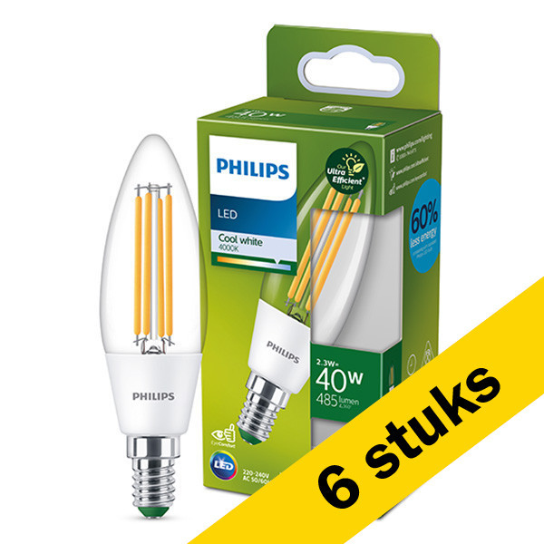 Aanbieding: 6x Philips LED lamp E14 | Kaars B35 | Ultra Efficient | Filament | Helder | 4000K | 2.3W (40W) LPH02902 - 1