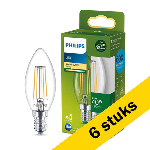 Aanbieding: 6x Philips LED lamp E14 | Kaars B45 | Ultra Efficient | Filament | 2700K | 2.3W (40W) LPH03821 - 1