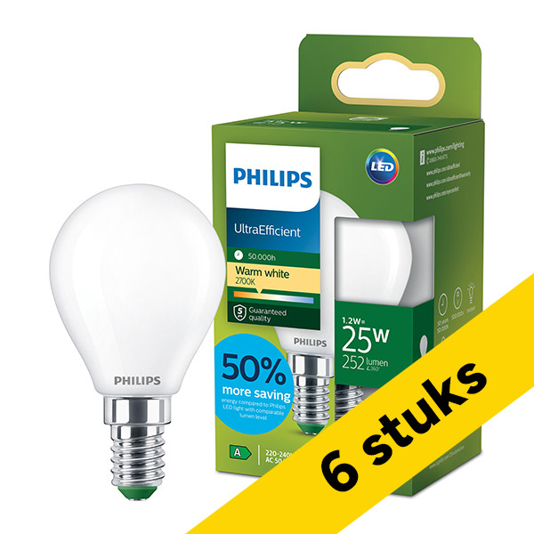 Aanbieding: 6x Philips LED lamp E14 | Kogel G45 | Ultra Efficient | Mat | 2700K | 1.2W (25W) LPH04568 - 1