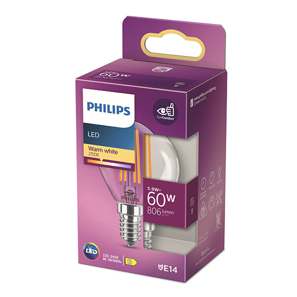 Aanbieding: 6x Philips LED lamp E14 | Kogel P45 | Filament | 2700K | 5.9W (60W) LPH04228 - 3