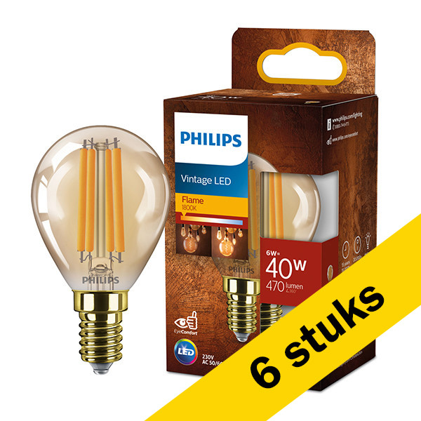 Aanbieding: 6x Philips LED lamp E14 | Kogel P45 | Filament | Goud | 1800K | 6W (40W) LPH03325 - 1