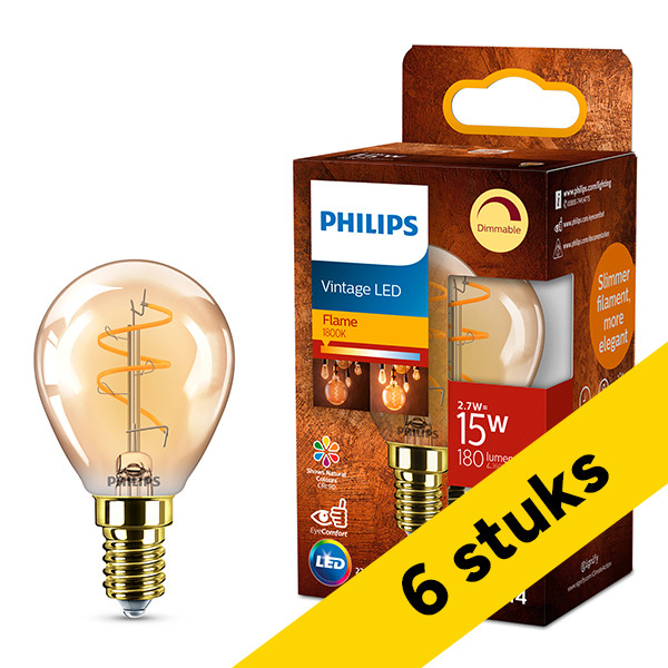 Aanbieding: 6x Philips LED lamp E14 | Kogel P45 | Filament | Goud | 1800K | Dimbaar | 2.7W (15W) LPH04115 - 1