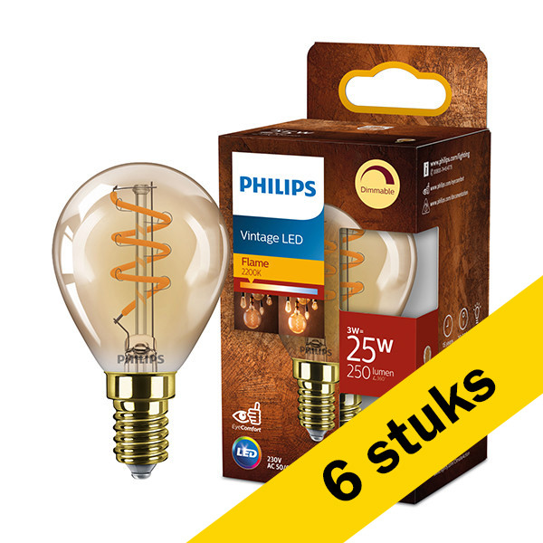 Aanbieding: 6x Philips LED lamp E14 | Kogel P45 | Filament | Goud | 1800K | Dimbaar | 3W (25W) LPH03313 - 1