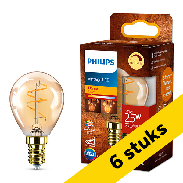 Aanbieding: 6x Philips LED lamp E14 | Kogel P45 | Filament | Goud | 2200K | Dimbaar | 3.1W (25W) LPH04119 - 1