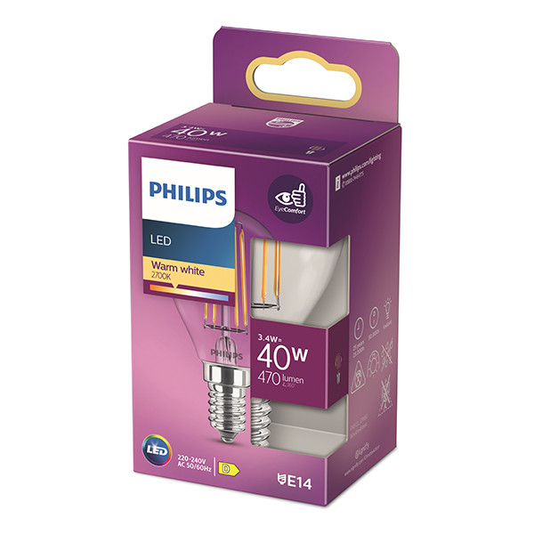 Aanbieding: 6x Philips LED lamp E14 | Kogel P45 | Filament | Helder | 2700K | 3.4W (40W) LPH04198 - 3