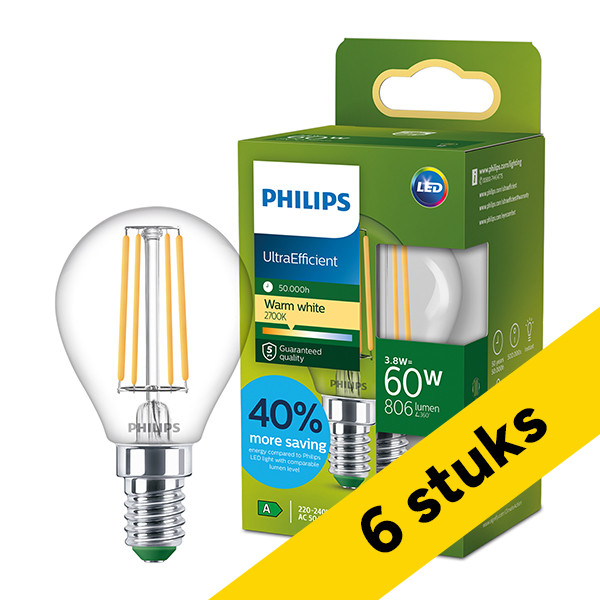Aanbieding: 6x Philips LED lamp E14 | Kogel P45 | Ultra Efficient | Filament | Helder | 2700K | 3.8W (60W) LPH04554 - 1