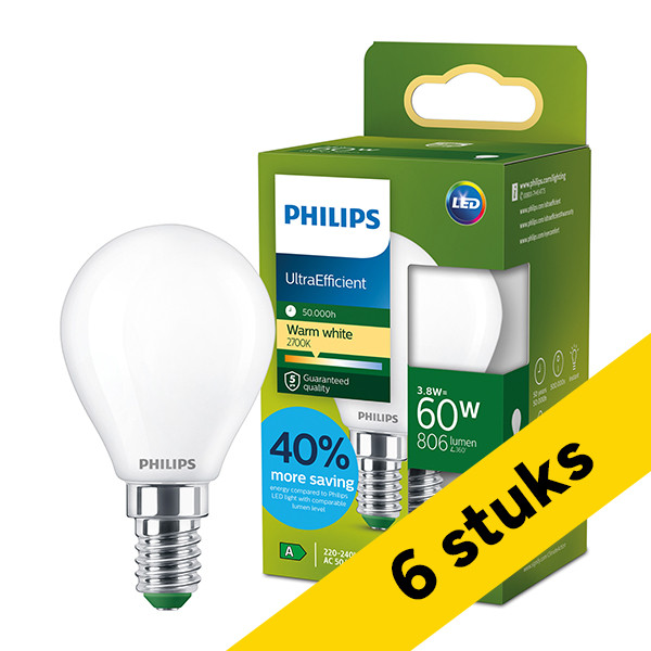Aanbieding: 6x Philips LED lamp E14 | Kogel P45 | Ultra Efficient | Mat | 2700K | 3.8W (60W) LPH04556 - 1
