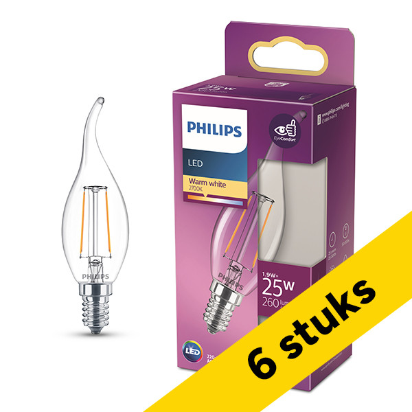 Aanbieding: 6x Philips LED lamp E14 | Sierkaars BA35 | Filament | Helder | 2700K | 1.9W (25W) LPH04173 - 1