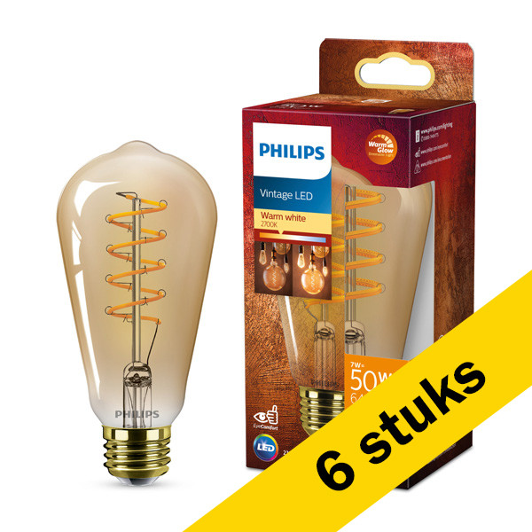Aanbieding: 6x Philips LED lamp E27 | Edison ST64 | WarmGlow | Amber | Filament | 2200-2700K | 7W (50W) LPH03895 - 1