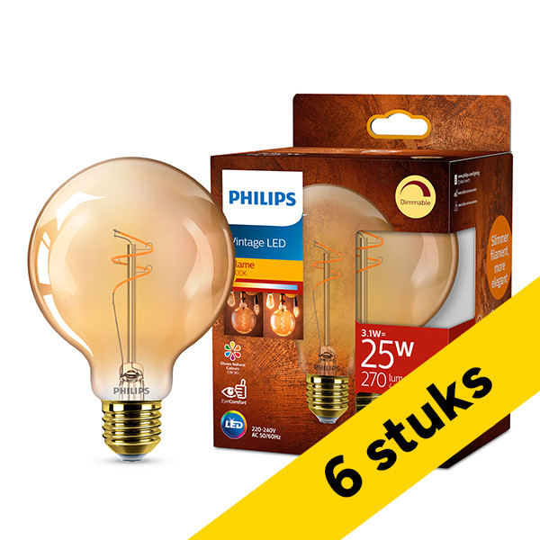 Aanbieding: 6x Philips LED lamp E27 | Globe G95 | Filament | Goud | 1800K | Dimbaar | 3.1W (25W) LPH04101 - 1
