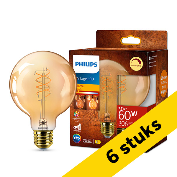 Aanbieding: 6x Philips LED lamp E27 | Globe G95 | Filament | Goud | 2200K | Dimbaar | 7.3W (60W) LPH04103 - 1