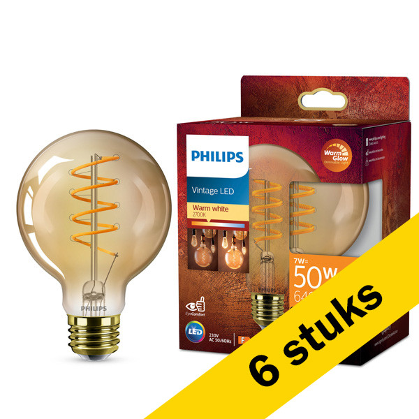Aanbieding: 6x Philips LED lamp E27 | Globe G95 | WarmGlow | Amber | Filament | 2200-2700K | 7W (50W) LPH03897 - 1