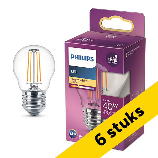 Aanbieding: 6x Philips LED lamp E27 | Kogel P45 | Filament | 2700K | 3.4W (40W) LPH04206 - 1