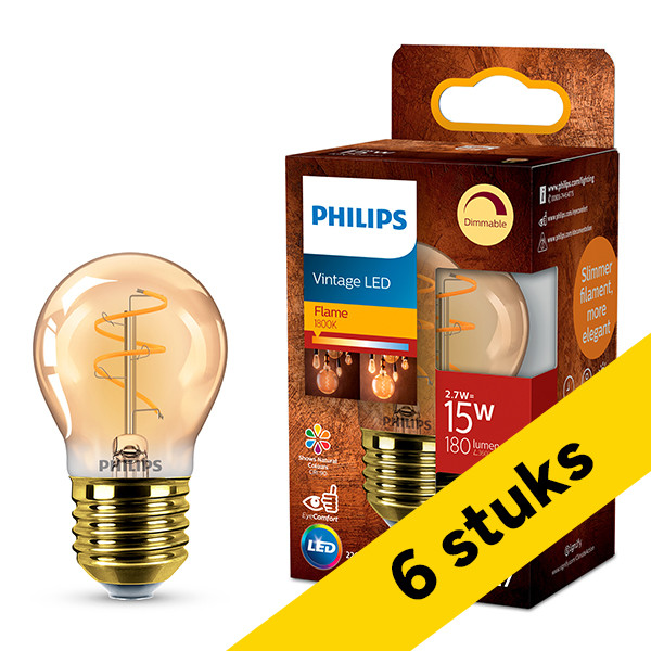 Aanbieding: 6x Philips LED lamp E27 | Kogel P45 | Filament | Goud | 1800K | Dimbaar | 2.7W (15W) LPH04117 - 1