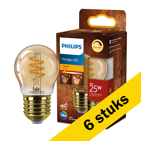 Aanbieding: 6x Philips LED lamp E27 | Kogel P45 | Filament | Goud | 1800K | Dimbaar | 3W (25W) LPH03311 - 1