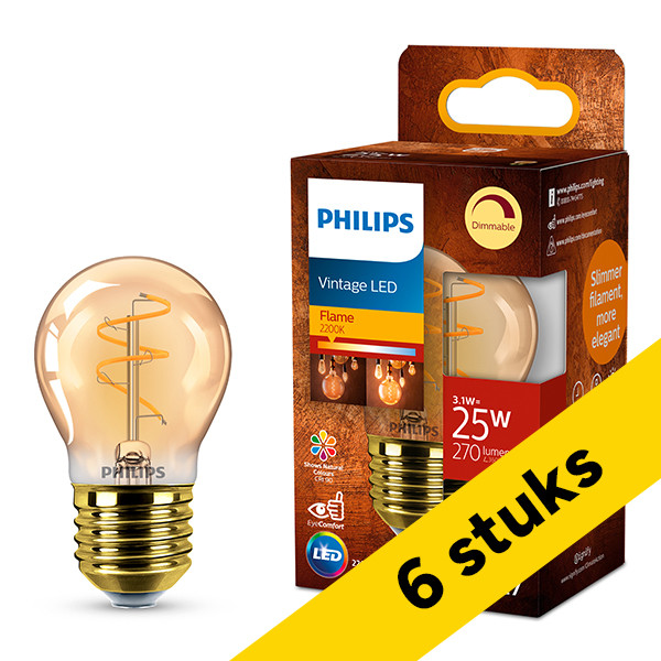 Aanbieding: 6x Philips LED lamp E27 | Kogel P45 | Filament | Goud | 2200K | Dimbaar | 3.1W (25W) LPH04121 - 1