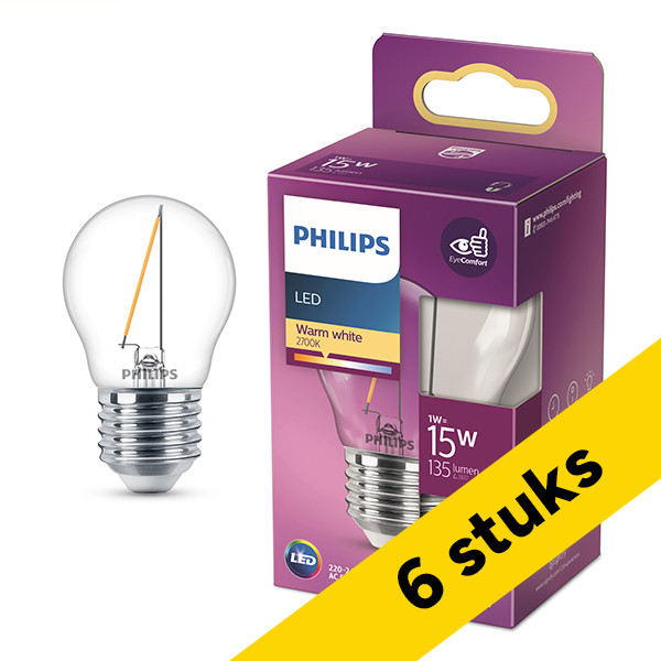Aanbieding: 6x Philips LED lamp E27 | Kogel P45 | Filament | Helder | 2700K | 1W (15W) LPH04152 - 1