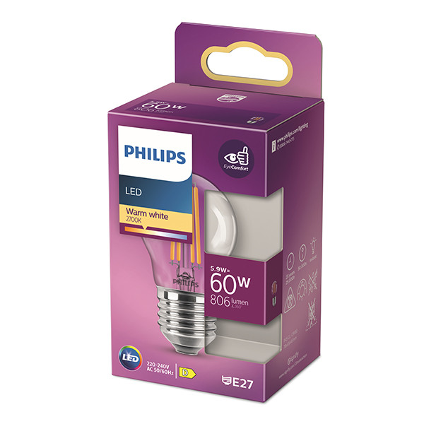 Aanbieding: 6x Philips LED lamp E27 | Kogel P45 | Filament | Helder | 2700K | 5.9W (60W) LPH04234 - 3