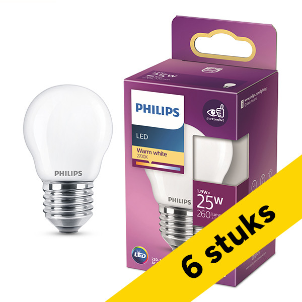 Aanbieding: 6x Philips LED lamp E27 | Kogel P45 | Mat | 2700K | 1.9W (25W) LPH04271 - 1