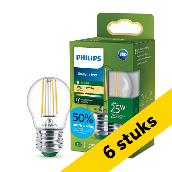 Aanbieding: 6x Philips LED lamp E27 | Kogel P45 | Ultra Efficient | Filament | Helder | 2700K | 1.2W (25W) LPH04570 - 1