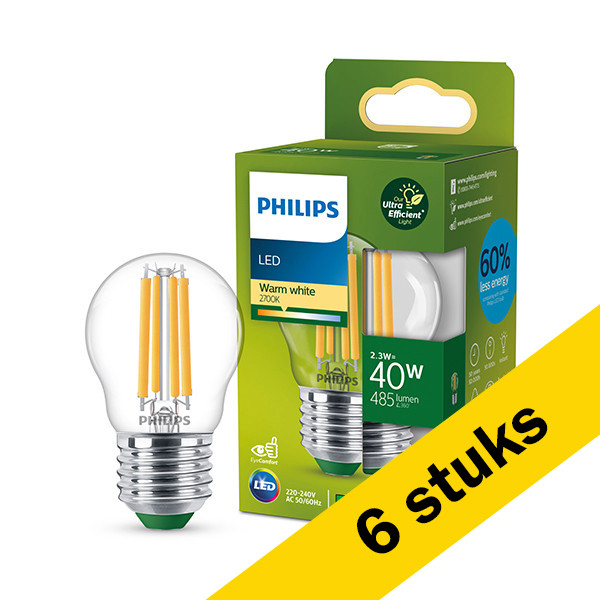 Aanbieding: 6x Philips LED lamp E27 | Kogel P45 | Ultra Efficient | Filament | Helder | 2700K | 2.3W (40W) LPH03337 - 1