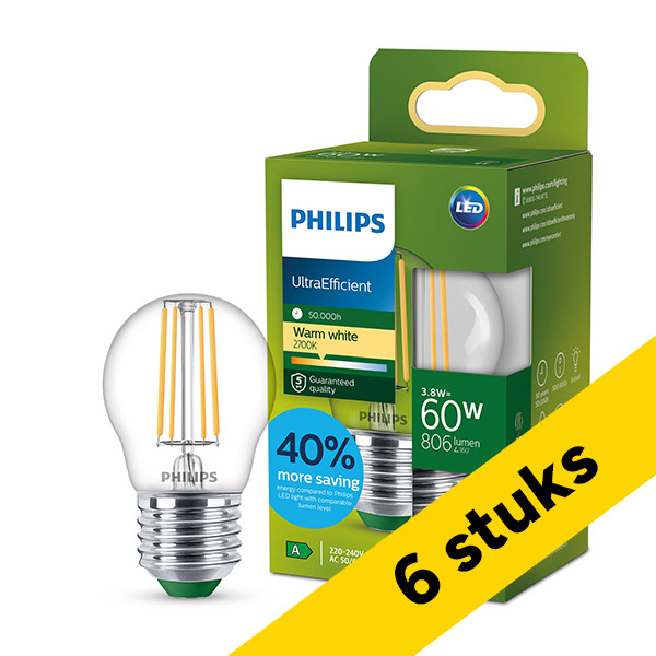 Aanbieding: 6x Philips LED lamp E27 | Kogel P45 | Ultra Efficient | Filament | Helder | 2700K | 3.8W (60W) LPH04558 - 1