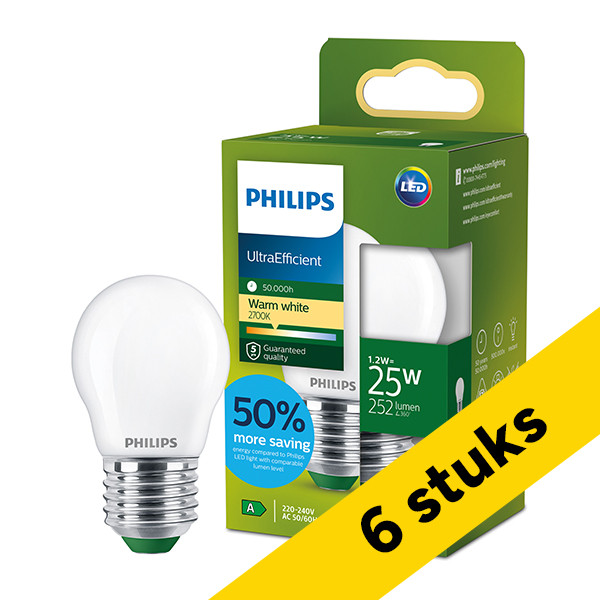 Aanbieding: 6x Philips LED lamp E27 | Kogel P45 | Ultra Efficient | Mat | 2700K | 1.2W (25W) LPH04572 - 1