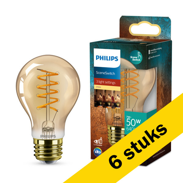 Aanbieding: 6x Philips LED lamp E27 | Peer A60 | Filament | 2700K | SceneSwitch | 7W (50W) LPH03887 - 1
