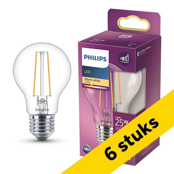 Aanbieding: 6x Philips LED lamp E27 | Peer A60 | Filament | Helder | 2700K | 1.9W (25W) LPH04140 - 1