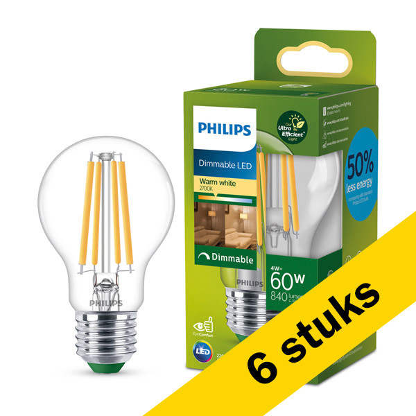 Philips Aanbieding: 6x Philips LED lamp E27 | Peer A60 | Ultra Efficient | Filament | 2700K | Dimbaar | 4W (60W)  LPH03813 - 1