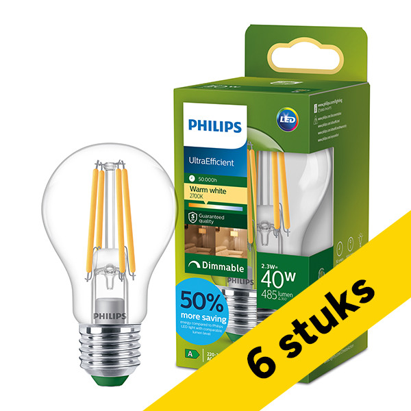 Aanbieding: 6x Philips LED lamp E27 | Peer A60 | Ultra Efficient | Filament | Helder | 2700K | 2.3W (40W) LPH04542 - 1