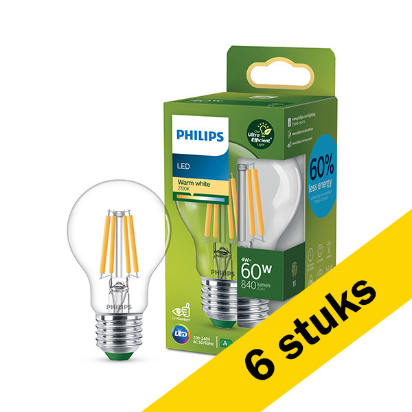 Philips Aanbieding: 6x Philips LED lamp E27 | Peer A60 | Ultra Efficient | Filament | Helder | 2700K | 4W (60W)  LPH03315 - 1