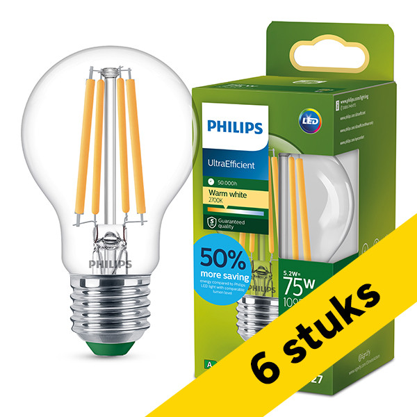 Aanbieding: 6x Philips LED lamp E27 | Peer A60 | Ultra Efficient | Filament | Helder | 2700K | 5.2W (75W) LPH04093 - 1