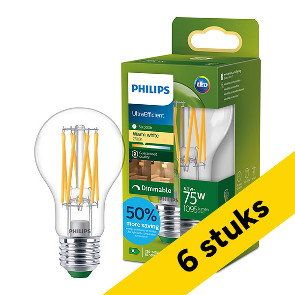 Aanbieding: 6x Philips LED lamp E27 | Peer A60 | Ultra Efficient | Filament | Helder | 2700K | Dimbaar | 5.2W (75W) LPH04546 - 1