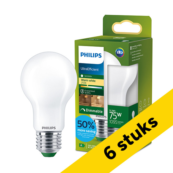Aanbieding: 6x Philips LED lamp E27 | Peer A60 | Ultra Efficient | Mat | 2700K | Dimbaar | 5.2W (75W) LPH04548 - 1