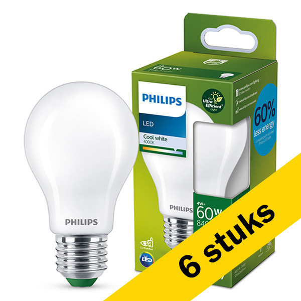 Aanbieding: 6x Philips LED lamp E27 | Peer A60 | Ultra Efficient | Mat | 4000K | 4W (60W) LPH02894 - 1