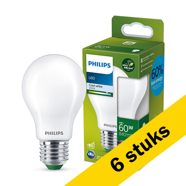 Aanbieding: 6x Philips LED lamp E27 | Peer A60 | Ultra Efficient | Mat | 4000K | 4W (60W) LPH03331 - 1