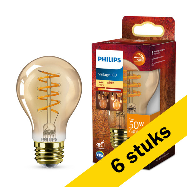 Aanbieding: 6x Philips LED lamp E27 | Peer A60 | WarmGlow | Amber | Filament | 2200-2700K | 7W (50W) LPH03893 - 1