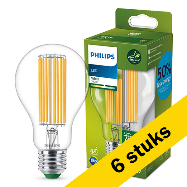 Aanbieding: 6x Philips LED lamp E27 | Peer A67 | Ultra Efficient | Filament | 3000K | 5.2W (75W) LPH02884 - 1