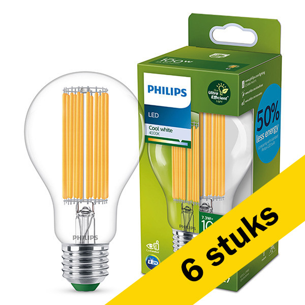 Aanbieding: 6x Philips LED lamp E27 | Peer A67 | Ultra Efficient | Filament | 4000K | 7.3W (100W) LPH02890 - 1